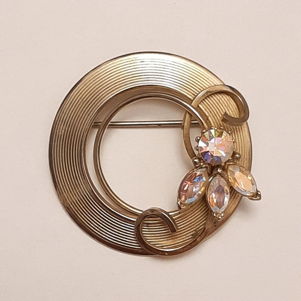 Vintage Kramer of New York Brooch Circle Pin Shape Gold Colored Rhinestones